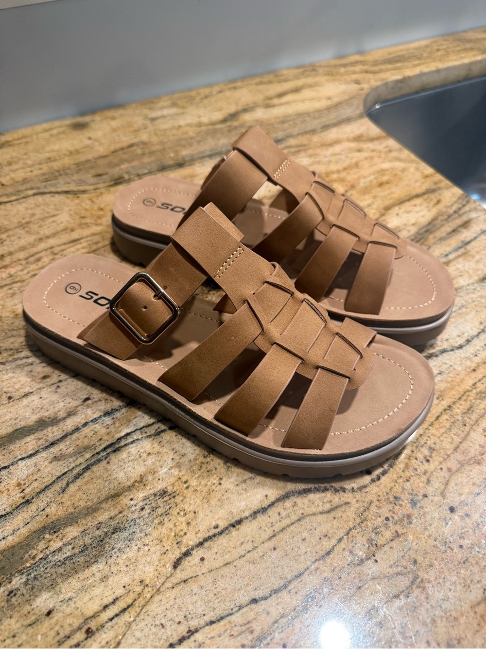 Soda Tan Woven Slide Sandals with Buckle